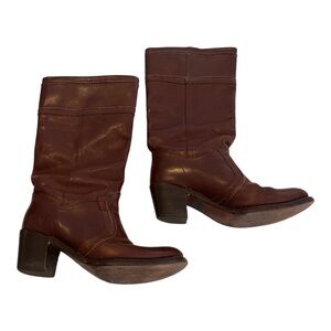 Frye, saddle brown, extended calf, heeled boots.